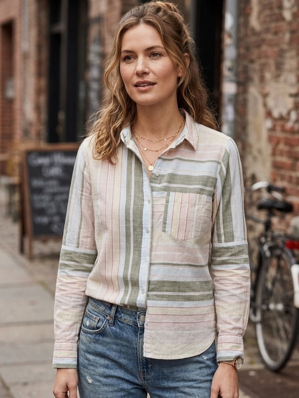 ESPRIT 100% Cotton Striped Button Down Shirt S M Cottagecore Boho Y2K Pastel